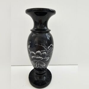 Vintage Mid-Century Black Marble Souvenir Bud Vase – Hand-Etched Floral Motif